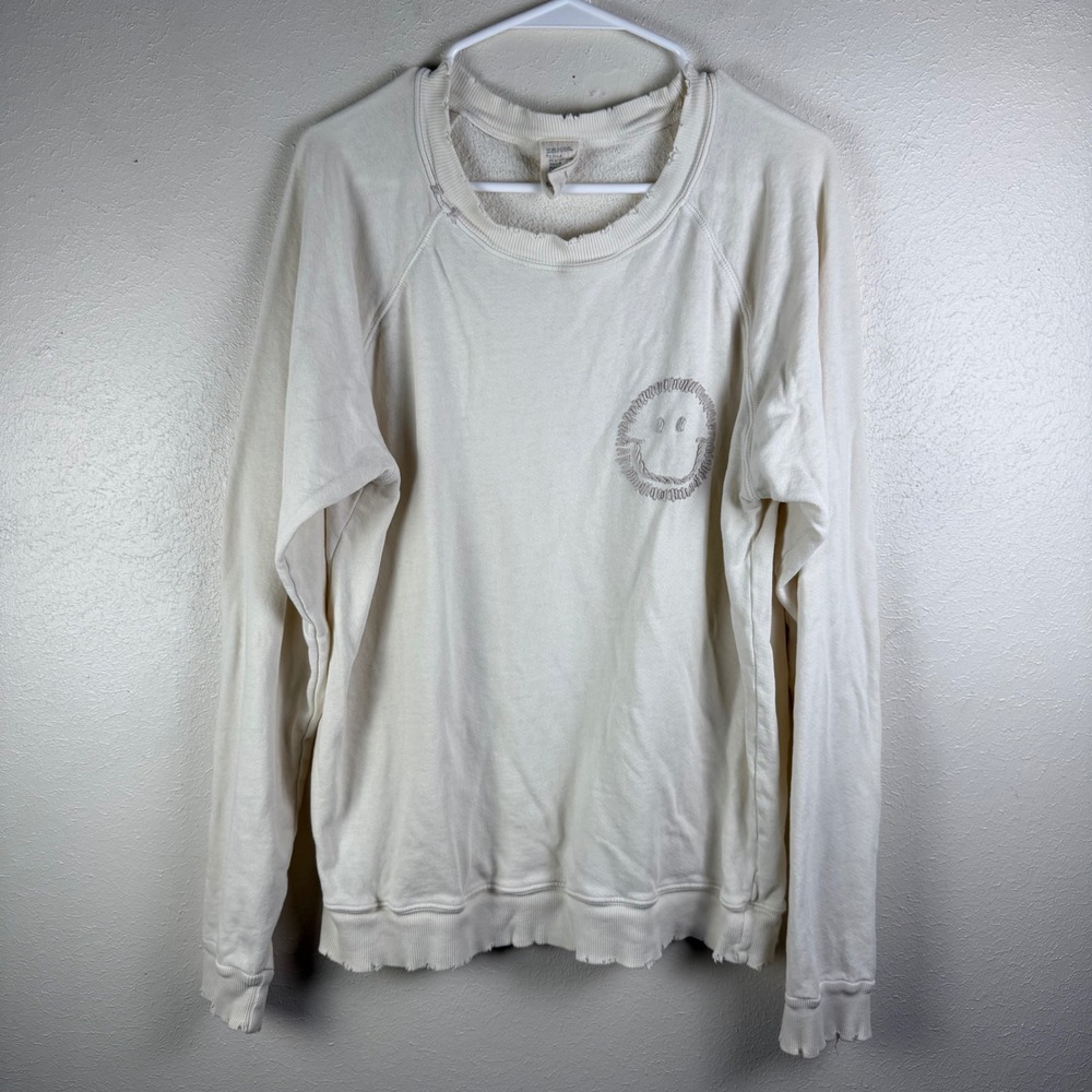 The Great Cream Distressed Smiley Face Raglan Sweatshirt Made in USA